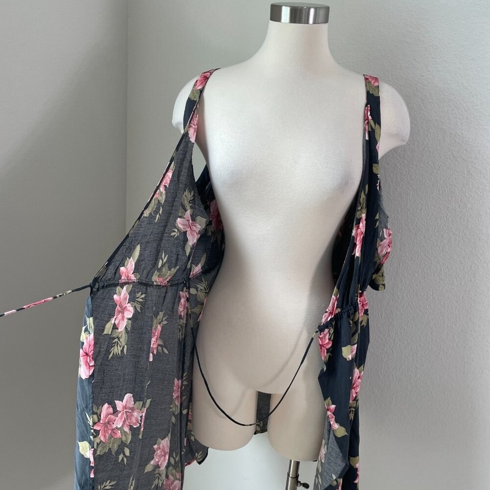 NEW $54 O'Neill Womens Large Charcoal Gray Floral Print Cold Shoulder Wrap Dress - Picture 10 of 12